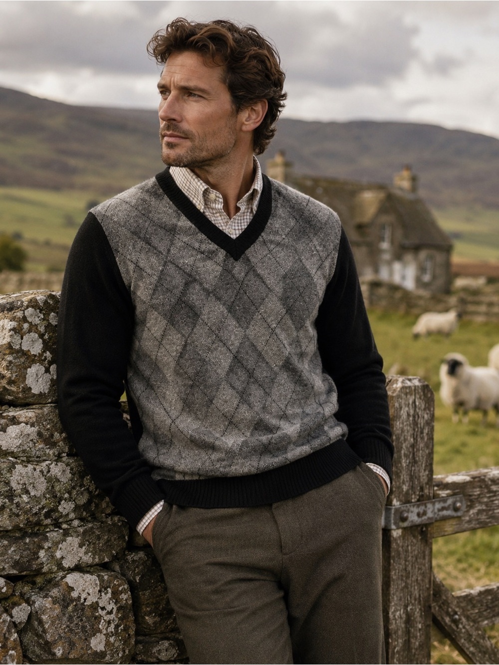 McGeorge Ballantyne Scotland 100% Cashmere Argyle Sweater Men’s Gray Black large